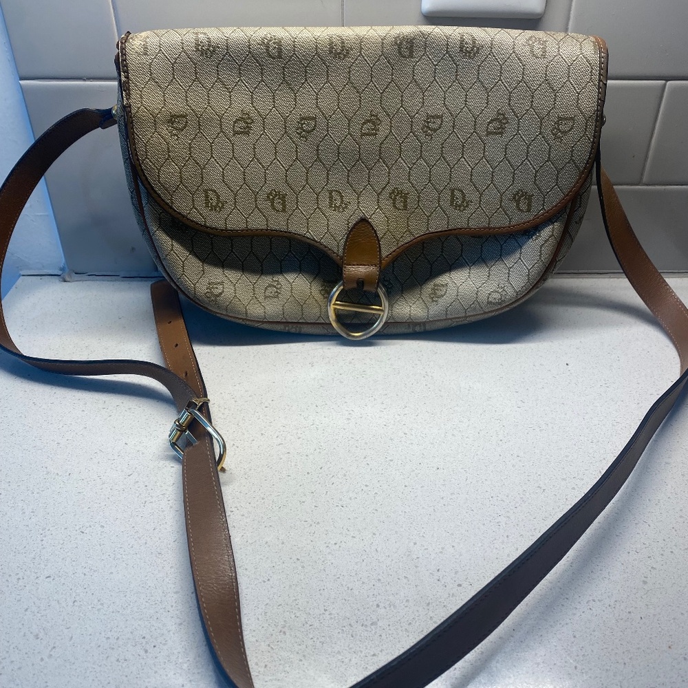 Vintage CHRISTIAN DIOR Crossbody Shoulder Bag Gold HW Brown Leather